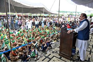 Federal Minister for Kashmir Affairs, Gilgit-Baltistan and States and Frontier Regions, Engr Amir Muqam, addresses participants after a Youm-e-Istehsal Kashmir rally at D-Chowk, condemning India's illegal and unilateral actions of August 5, 2019, in Indian Illegally Occupied Jammu and Kashmir (IIOJK).
