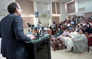 Federal Secretary Information and Broadcasting, Ashfaq Ahmad Khalil, addresses a painting exhibition organized by the Directorate of Electronic Media and Publications (DEMP) in connection with Independence Day celebrations of Pakistan, at the Information Services Academy.