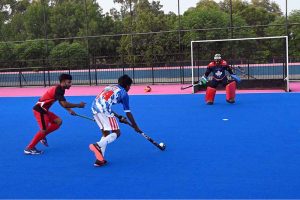 A view of the hockey final match played between Ali Amir Hockey Club and Young Crescent Hockey Club during the Inter-Tehsil Girls and Boys Hockey Championship, organized by the District Sports Department, at Astroturf Hockey Stadium