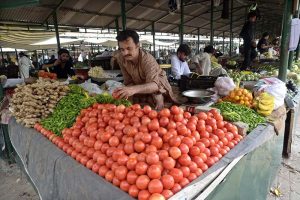 Vendors are arranging and displaying vegetables on their stalls to attract the customers at weekly Sunday Bazaar, Peshawar Morr in the Federal Capital
