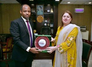 The Charge’ d’Affaires of the Embassy of the Federal Democratic Republic of Ethiopia in the Islamic Republic of Pakistan, Melaw Getachew, calls on Acting Managing Director, Associated Press of Pakistan (APP), Ms Sabeen Usman Khattak at APP Headquarters.