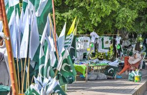A seasonal woman vendor waits for customers while displaying Pakistani national flags and Independence Day celebration items along Murree Road in Rawalpindi ahead of August 14.