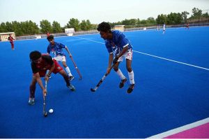 A view of the hockey final match played between Ali Amir Hockey Club and Young Crescent Hockey Club during the Inter-Tehsil Girls and Boys Hockey Championship, organized by the District Sports Department, at Astroturf Hockey Stadium