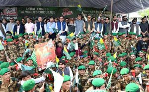 Federal Minister for Kashmir Affairs, Gilgit-Baltistan and States and Frontier Regions, Engr Amir Muqam, addresses participants after a Youm-e-Istehsal Kashmir rally at D-Chowk, condemning India's illegal and unilateral actions of August 5, 2019, in Indian Illegally Occupied Jammu and Kashmir (IIOJK).