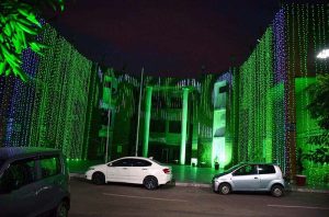A view of a district council building beautifully decorated with colorful lights in connection with Eid Milad-un-Nabi (SAW) celebrations.