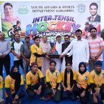 Divisional Sports Officer Rana Nadeem Anjum and District Sports Officer Saima Manzoor distribute trophies among the winning players during the closing ceremony of the Inter-Tehsil Girls and Boys Hockey Championship, organized by the District Sports Department at Astroturf Hockey Stadium