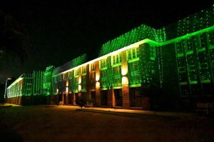 The University of Sargodha building illuminated as part of celebrations marking Pakistan’s Independence Day