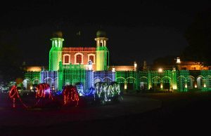 The District Council building is illuminated with colourful lights as part of preparations for Pakistan’s 79th Independence Day celebrations.