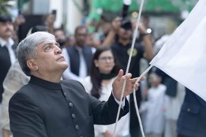 Ambassador Shafqat Ali Khan, Pakistan's Envoy to the UAE addresses the gathering during the 80th Independence Day ceremony at the Embassy of Pakistan