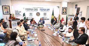 Federal Minister for Law and Justice Senator Azam Nazeer Tarar addresses the launch ceremony of FOSPAH’s Complaint Management System, mobile app and revamped website at the FOSPAH headquarters