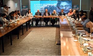 Federal Minister for Climate Change and Environmental Coordination Dr. Musadik Malik delivers the keynote address at an event titled “Living with Floods in a Climate Change Present,” organized by the AGHS Legal Aid Cell