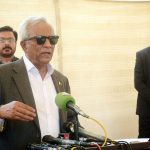 Sindh Governor Syed Nehal Hashmi addressing a press conference at Governor House
