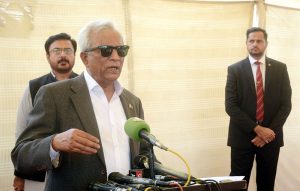 Sindh Governor Syed Nehal Hashmi addressing a press conference at Governor House