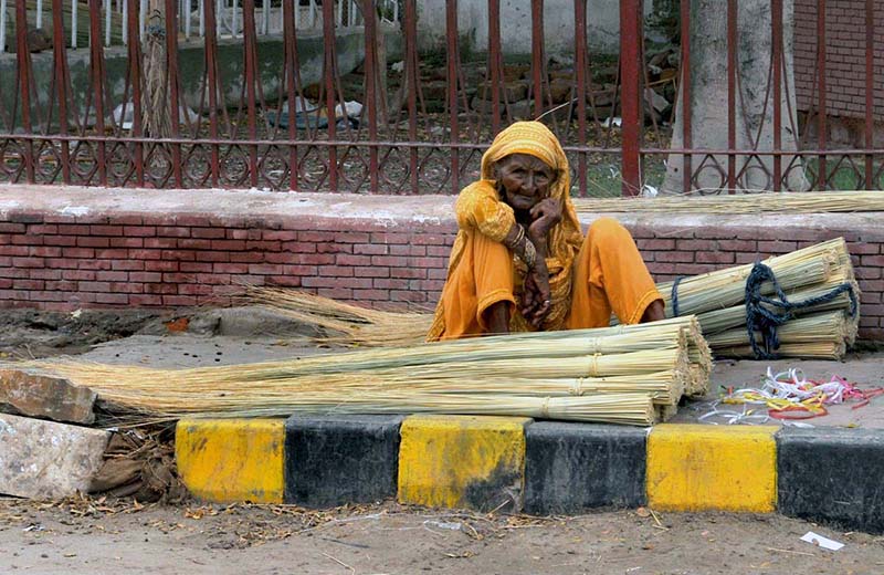 An elderly woman vendor sits beside bundles of brooms displayed for sale along a roadside, waiting for customers to earn her livelihood in the city
