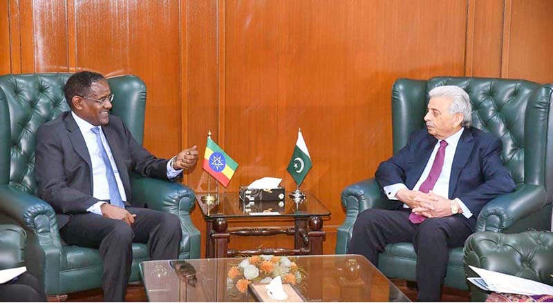 Federal Minister for National Food Security and Research Rana Tanveer Hussain chairs a high-level meeting with Ethiopian Ambassador to Pakistan H.E. Dr. Oumer Hussein Oba to discuss strengthening bilateral cooperation in agriculture, livestock, food security, trade, investment and technology transfer