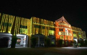 A view of RESCUE 1122 building decorated with colourful lights in connection with 12th Rabi-ul-Awal celebrations.