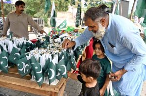 Customers select national flags and other Independence Day items from a roadside stall on College Road.