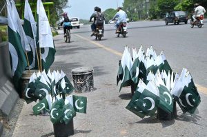 National flags are displayed along Faisal Avenue ahead of Pakistan's Independence Day celebrations in the federal capital.