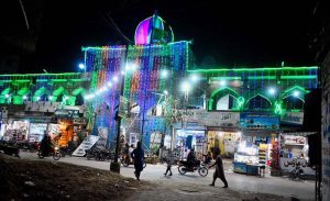 A view of RESCUE 1122 building decorated with colourful lights in connection with 12th Rabi-ul-Awal celebrations.