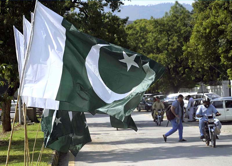 National flags are displayed by a seasonal vendor along a roadside at Melody to attract customers ahead of Pakistan’s 79th Independence Day celebrations on August 14