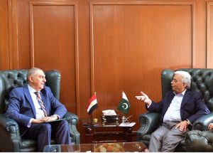 Federal Minister for National Food Security and Research Rana Tanveer Hussain meets Ambassador of Egypt to Pakistan H.E. Dr. Ihab Mohamed Abdelhamid Hassan to discuss enhanced bilateral cooperation in agriculture, particularly measures to improve cotton yield and quality.