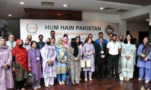 PML-N MNA, Shaista Pervez Head of program and Dr Sultan Azam Temuri CEO International Governance and Sustainability Institute (IG-SI) at the orientation of focal persons of "Hum hain Pakistan Youth Campaign" at PIPS near Kashmir House.