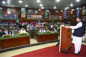Member of the Provincial Assembly Tahir Jamil addresses a seminar organized at TMA Hall to mark Youm-e-Istehsal Kashmir, expressing solidarity with the Kashmiri people of Indian Illegally Occupied Jammu and Kashmir (IIOJK).