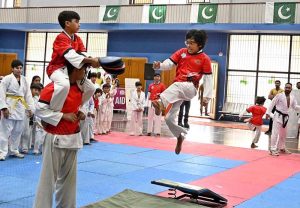 Young players showcase their skills in various games during the closing ceremony of the Pakistan Independence Celebrations U-14 Kids Sports Gala at the Sports Gymnasium.