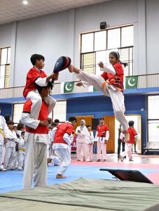 Young players showcase their skills in various games during the closing ceremony of the Pakistan Independence Celebrations U-14 Kids Sports Gala at the Sports Gymnasium.