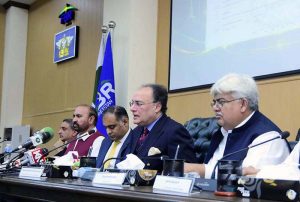 Federal Minister for Finance and Revenue Senator Muhammad Aurangzeb and Minister of State for Finance Bilal Azhar Kayani address a press conference at FBR Headquarters