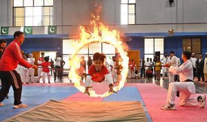Young players showcase their skills in various games during the closing ceremony of the Pakistan Independence Celebrations U-14 Kids Sports Gala at the Sports Gymnasium.