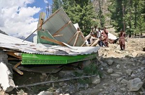 Houses and infrastructure in the ‘Dalan’ area of Naltar Valley have collapsed or sustained severe damage due to recent flash floods, while affected residents await government assistance.