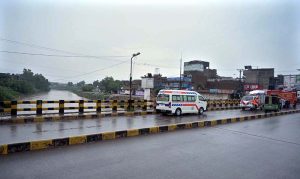 A view of the rising water level in Nullah Lai following heavy rainfall in the City