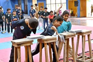 Young players showcase their skills in various games during the closing ceremony of the Pakistan Independence Celebrations U-14 Kids Sports Gala at the Sports Gymnasium.