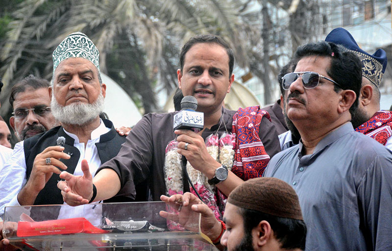 Mayor of Karachi Barrister Murtaza Wahab addresses a ceremony marking the renaming of Regal Chowk as Khatm-e-Nabuwat (PBUH) Chowk in provincial capital