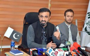 Quetta Metropolitan Corporation (QMC) Administrator Bashir Ahmed Bareach addresses a press conference in Quetta.