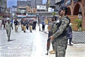 Security personnel remain on high alert as authorities deploy strict security measures to ensure the safety of mourners during the Chehlum procession commemorating the martyrdom of Hazrat Imam Hussain (RA) at Raja Bazar in the twin cities.