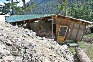 Houses and infrastructure in the ‘Dalan’ area of Naltar Valley have collapsed or sustained severe damage due to recent flash floods, while affected residents await government assistance.
