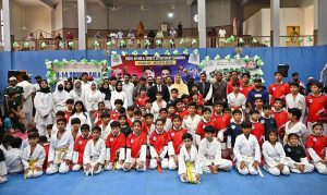 Young players showcase their skills in various games during the closing ceremony of the Pakistan Independence Celebrations U-14 Kids Sports Gala at the Sports Gymnasium.