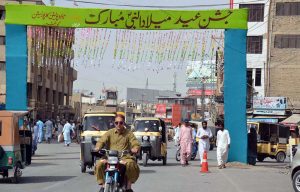 A specially decorated gate installed by the Quetta Metropolitan Corporation (QMC) at Liaquat Bazaar to facilitate the processions and events marking Eid Milad-un-Nabi (PBUH).