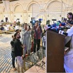 Defense Minister Khawaja Muhammad Asif addresses a ceremony held to mark the laying of the foundation stone of Sialkot Medical City Limited (SMCL)