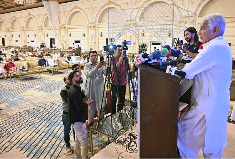 Defense Minister Khawaja Muhammad Asif addresses a ceremony held to mark the laying of the foundation stone of Sialkot Medical City Limited (SMCL)
