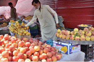 A vendor displaying seasonal fruits at weekly bazaar PWD in the Federal Capital