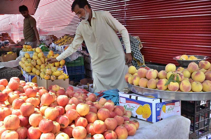 A vendor displaying seasonal fruits at weekly bazaar PWD in the Federal Capital
