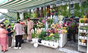 Customers select and purchase affordable imported and second-hand footwear at a shop in the weekly Sunday Bazaar near Peshawar Morr in the Federal Capital