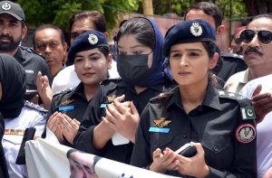 SP Shahzeb Chachar, accompanied by police officers, participates in a ceremony to observe Youm-e-Shuhada-e-Police to paying tribute to police martyrsoutside the SSP Office, .