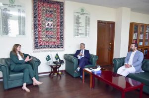 Federal Minister for Law & Justice Senator Azam Nazeer Tarar in a meeting with British High Commissioner Jane Marriott at the Ministry of Law & Justice, Islamabad, on August 13, 2026. Minister of State for Law, Justice and Human Rights Barrister Aqeel Malik was also present.
