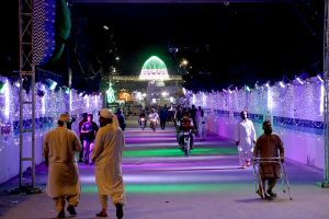 A view of the street decorated with colorful lights near by the Faizan-e-Madina Masjid connection with the Rabi-ul-Awal celebrations in the Provincial Capital.
