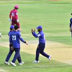 Players celebrate after taking a wicket during the National Champions Cup 2026–27 match between Pakistan Blues and Pakistan Gold at Multan Cricket Stadium