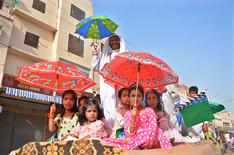 Children participate in an Eid-e-Milad-un-Nabi (PBUH) rally organized by Markazi Jamat Ahle Sunnat Pakistan